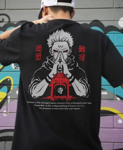 SUKUNA Men Black Oversized Cotton Round Neck T-Shirt