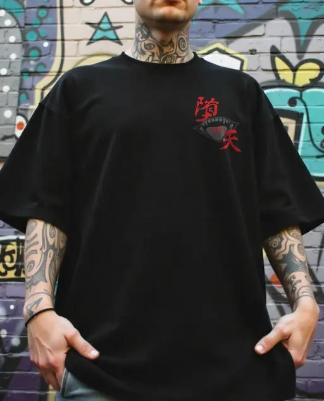 SUKUNA Men Black Oversized Cotton Round Neck T-Shirt