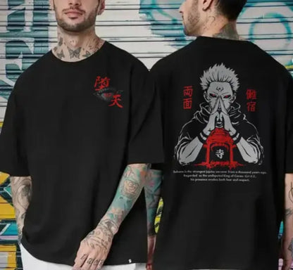 SUKUNA Men Black Oversized Cotton Round Neck T-Shirt